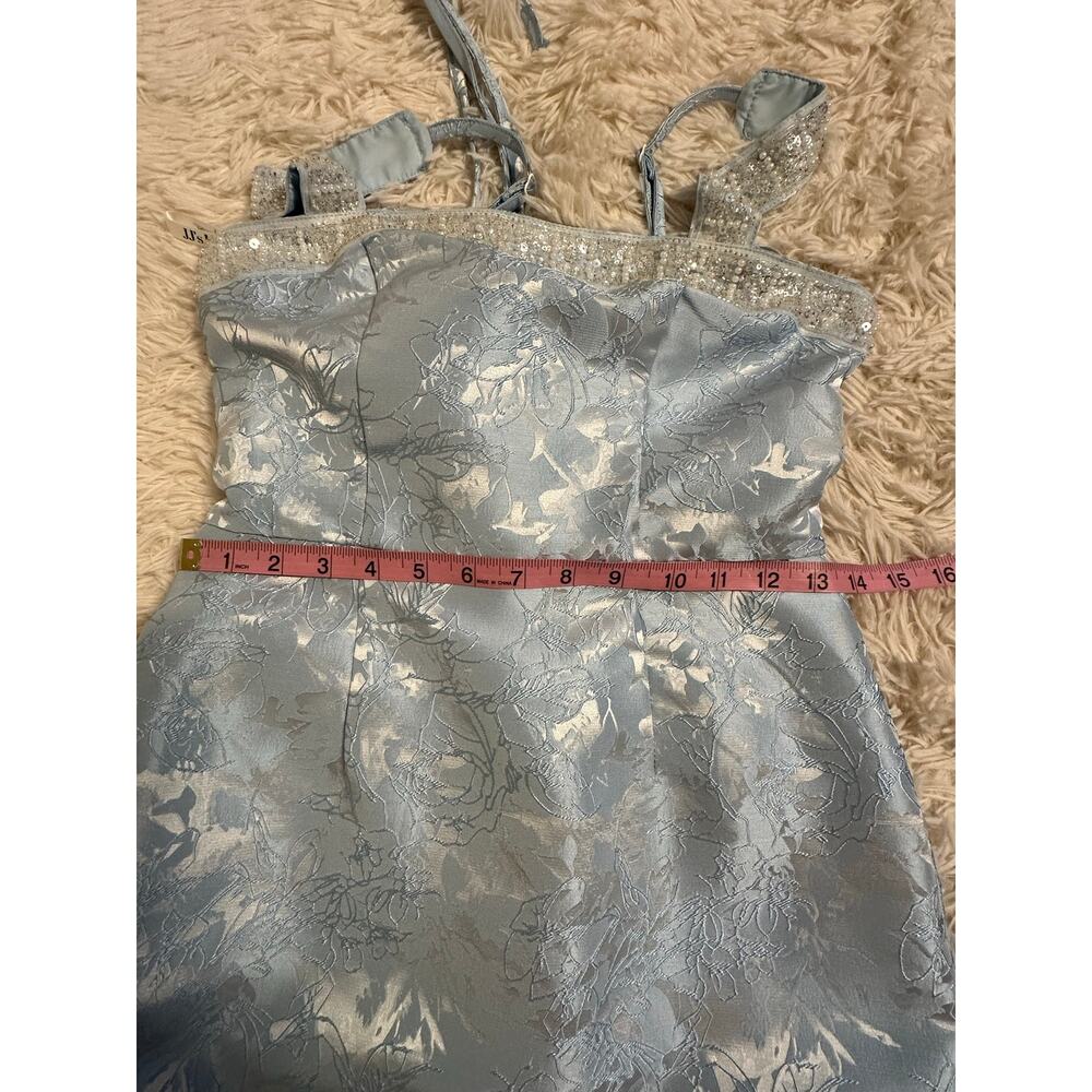 Blue Jacquard Sequin Corset Back Removable Bow Dress Long Gown Sz S - Picture 13 of 16